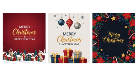 Merry christmas and happy new year greeting card with festive decorations, including a snowy village, ornate typography, and twinkling lights on a red background