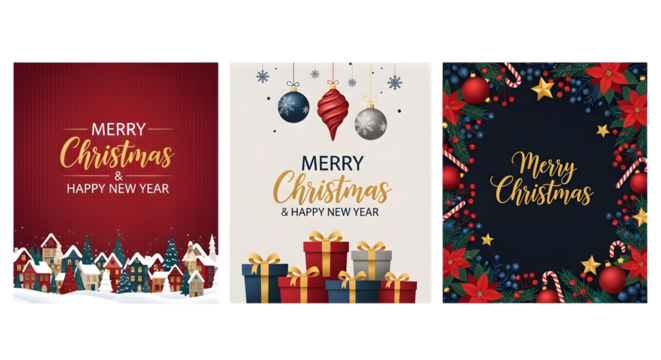 Merry christmas and happy new year greeting card with festive decorations, including a snowy village, ornate typography, and twinkling lights on a red background