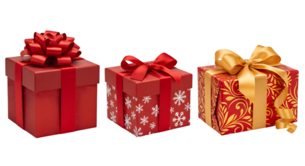 Three red gift boxes with festive ribbons and bows, one featuring a large red bow and snowflake pattern, another with a simple red ribbon, and the third with a golden ribbon and ornate pattern, isolat
