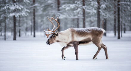 Majestic reindeer gracefully walking through a pristine winter wonderland, surrounded by snow-covered pine trees in a tranquil frozen forest landscape