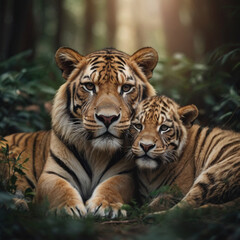 Obraz premium Bengal Tiger and Cub Resting in Forest – Wildlife Photography Close up 