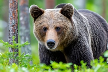 Fototapeta premium Brown bear looking straight ahead in a forest