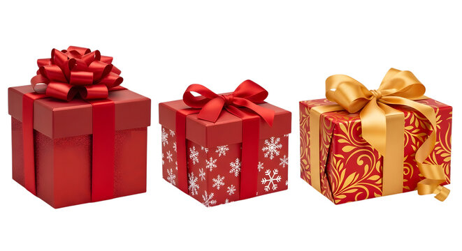 Three red gift boxes with festive ribbons and bows, one featuring a large red bow and snowflake pattern, another with a simple red ribbon, and the third with a golden ribbon and ornate pattern, isolat