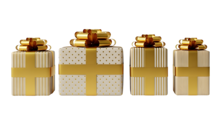 Four golden gift boxes with yellow ribbon and bow