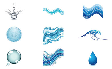 Collection of abstract blue water and liquid elements and textures with organic and fluid shapes