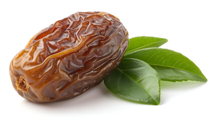Delicious medjool date with fresh green leaves for healthy eating and vegan snacking or a nutritious treat, perfect for a balanced diet