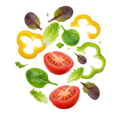 Naklejka premium Glistening cherry tomato, crisp red & green lettuce, spinach, and bell pepper slices floating dynamically on a transparent background, macro shot, concept of healthy eating and lightness