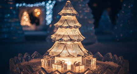 A dazzling ice Christmas tree radiating a bright festive glow, with illuminated presents creating a magical scene in a sparkling holiday display