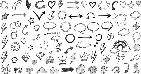 Obraz premium Hand Drawn Doodle Elements Collection on White Background, Arrows, Hearts, Crowns, Stars