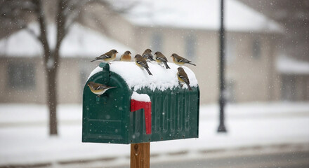A cheerful flock of small finches huddles together for warmth on a snow-covered green mailbox, creating a vibrant scene in the quiet winter landscape