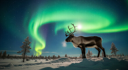 A majestic reindeer stands in a serene, snow-covered winter landscape, illuminated by the vibrant, ethereal dance of the Northern Lights, creating a magical arctic spectacle