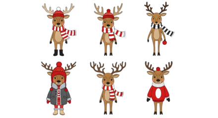 Set of six cute cartoon reindeer wearing christmas hats and scarves