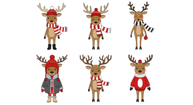 Set of six cute cartoon reindeer wearing christmas hats and scarves