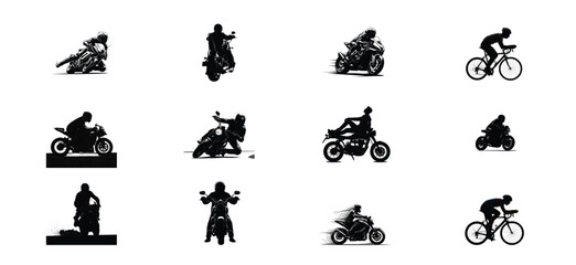 Collection of silhouetted figures riding motorcycles and bicycles in dynamic poses against a white background