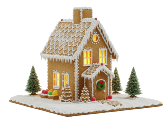 Detailed gingerbread house, white icing, glowing windows, green wreaths, candy fruits, frosted trees, on white ground, minimalist white background, festive holiday concept