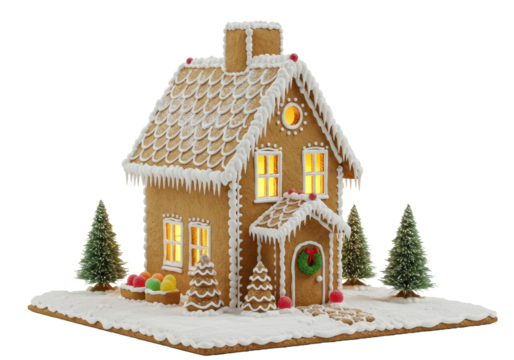 Detailed gingerbread house, white icing, glowing windows, green wreaths, candy fruits, frosted trees, on white ground, minimalist white background, festive holiday concept