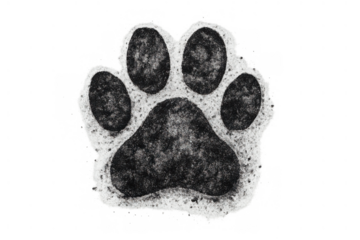 Paw print black chalk drawing creating animal track symbol on transparent background representing pet related concepts