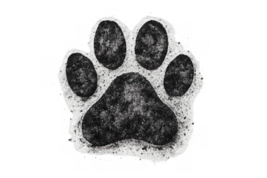 Paw print black chalk drawing creating animal track symbol on transparent background representing pet related concepts