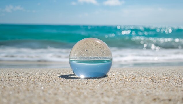 Orb Reflecting the Abstract, A Coastal Moment in Glass, Stillness in Light, Sea and Sand. - Powered by Adobe