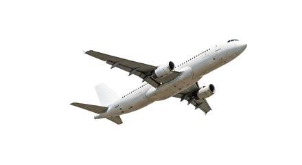 Obraz premium White commercial passenger jet airplane, flight viewed from below with engines visible, isolated on white or transparent background, AI