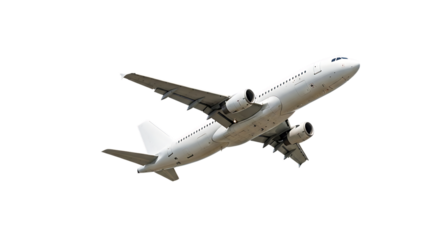 White commercial passenger jet airplane, flight viewed from below with engines visible, isolated on white or transparent background, AI