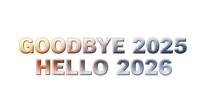 Text art saying goodbye 2025 and hello 2026 with metallic balloon effect isolated on transparent background