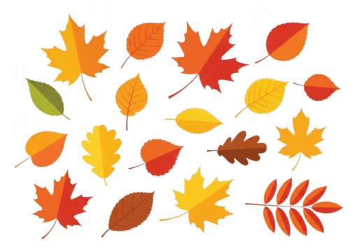 A colorful assortment of stylized autumn leaves in various shapes and colors, isolated on a transparent background - Powered by Adobe