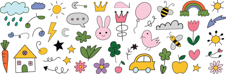 Hand-drawn set of kid icons.  Adorable icons of a flower, heart, cloud, and tree with a whimsical child's drawing style.  A cartoon bird, doll, house, and lovely plant element are all hand-drawn.
