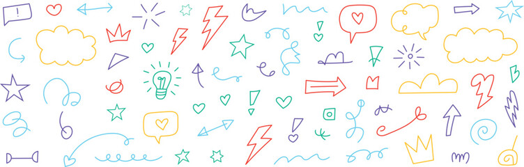 Hand-drawn brush arrow element set with a line marker.  Draw a pencil stroke, vector graphic pen, scribbling icon, and underline.  Heart, crown, and star symbol highlight marker shapes are hand-drawn.