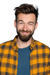 Fototapeta premium Portrait of a smiling man with a beard wearing a yellow plaid shirt isolated on a white background