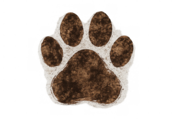 Dog paw print illustration showing a brown animal footprint sign and pet icon on transparent background