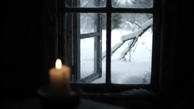 Winter window with candlelight and snowy landscape in background