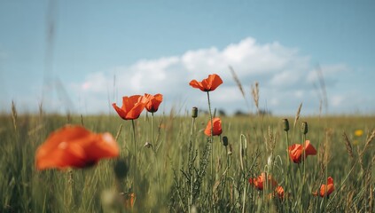 Obraz premium Scarlet Meadow A Dance of Red Poppies in a Field of Green and Gold, Underneath a Blue Sky.