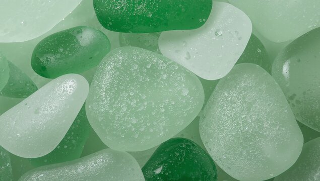 Sea Glass Serenity. A Collection of Smooth, Frosted Fragments in Verdant Tones.