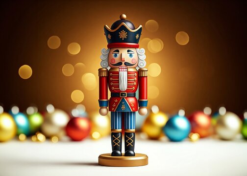 Ein klassischer Nussknacker steht vor warmem Bokehlicht und schafft festliche Weihnachtsstimmung Generative KI
