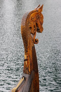 dragon ship steven with wood carving.