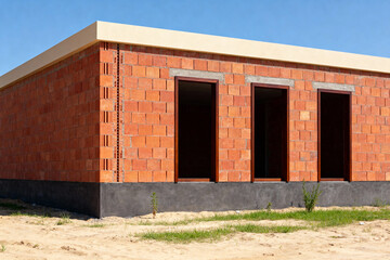 Unfinished brick building with open doorways against a clear blue sky