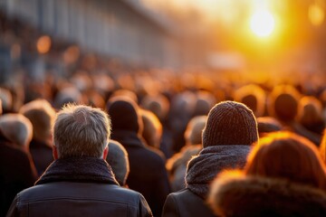 Crowd of diverse families enjoying a sunset gathering in a lively outdoor space