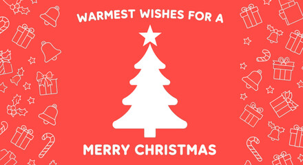 Festive red Christmas greeting banner with white tree silhouette and holiday line art pattern