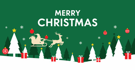 Merry Christmas banner vector illustration with Santa Claus, flying reindeer, and snowy pine trees on a green background