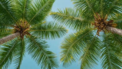 Fototapeta premium Verdant Fronds and Sky Canvas, Tropical Serenity, Abstract Summer Vista, Blue Canvas.