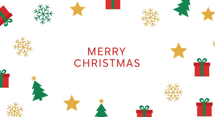 Minimalist Merry Christmas vector frame with festive icons and text typography on white background