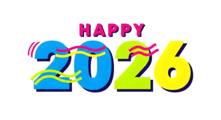 Happy 2026 text with colorful wavy lines and a retro vibe isolated on transparent background