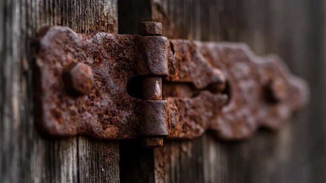 Rusty hinge on weathered wooden surface, vintage background