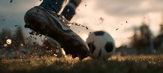 Close-Up of Child's Foot Kicking Soccer Ball with Flying Grass in Motion