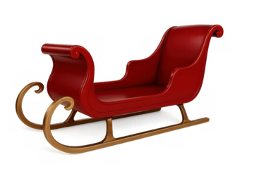 Santa claus sleigh with red and gold details, empty and ready for holiday season deliveries, transparent background