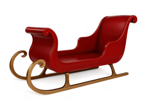 Santa claus sleigh with red and gold details, empty and ready for holiday season deliveries, transparent background