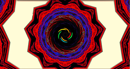 Swirling hues of crimson and violet spiral inward, weaving layered geometry into a trance-like rhythm.