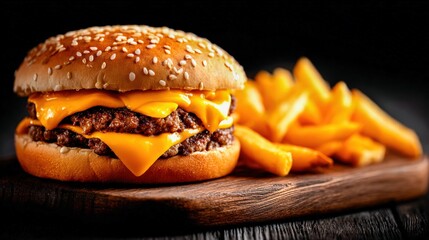 Classic American cheeseburger with crispy fries served on a wooden board