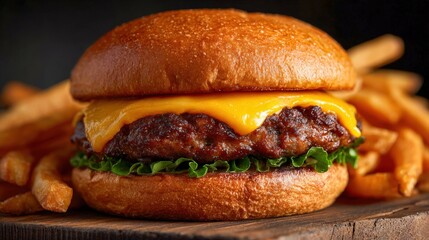 Savor the classic American cheeseburger with crispy French fries on a wooden platter